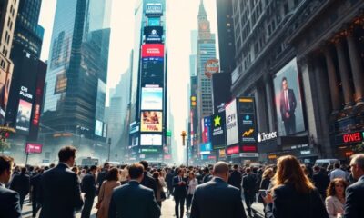 Traders discussing in a busy financial district.