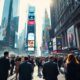 Traders discussing in a busy financial district.