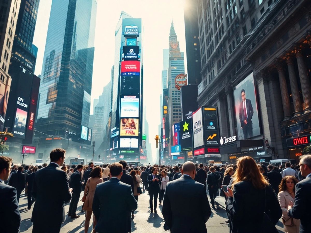 Traders discussing in a busy financial district.