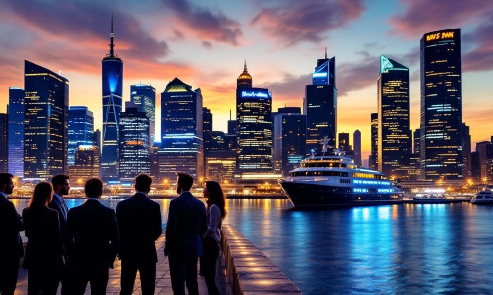 Investors discussing in front of a vibrant city skyline.