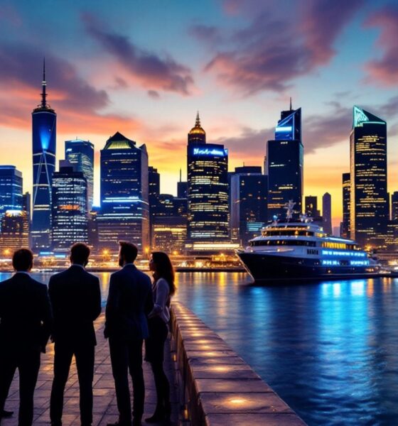 Investors discussing in front of a vibrant city skyline.