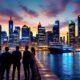 Investors discussing in front of a vibrant city skyline.