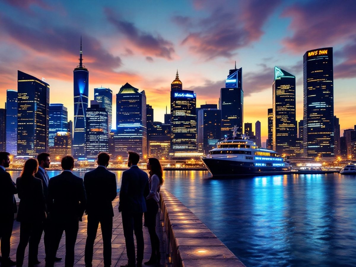 Investors discussing in front of a vibrant city skyline.