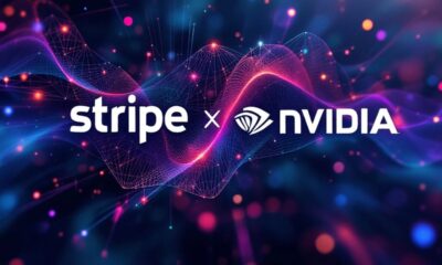 Stripe and Nvidia logos with digital elements in vibrant colours.