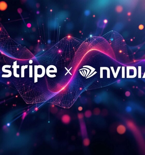 Stripe and Nvidia logos with digital elements in vibrant colours.