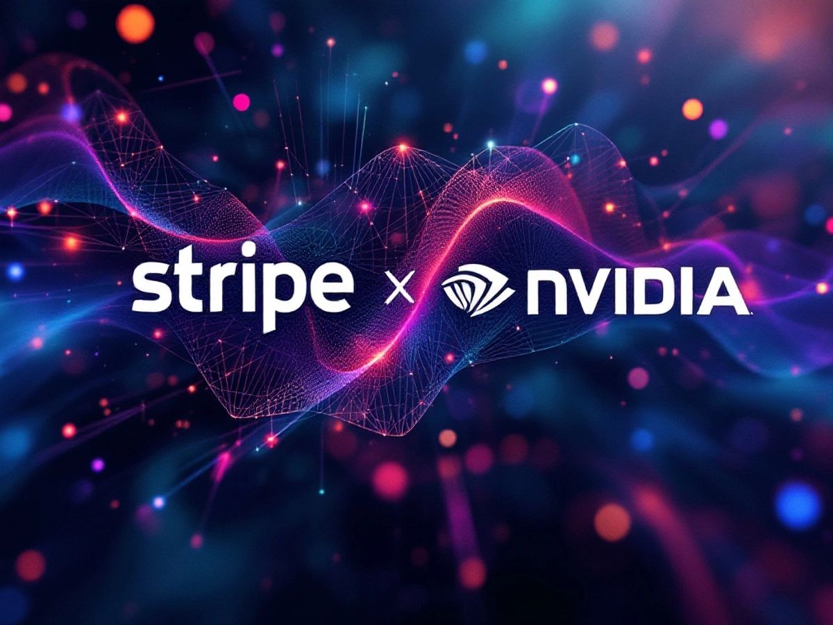 Stripe and Nvidia logos with digital elements in vibrant colours.