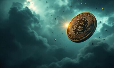 Bitcoin coin falling under dark stormy clouds.