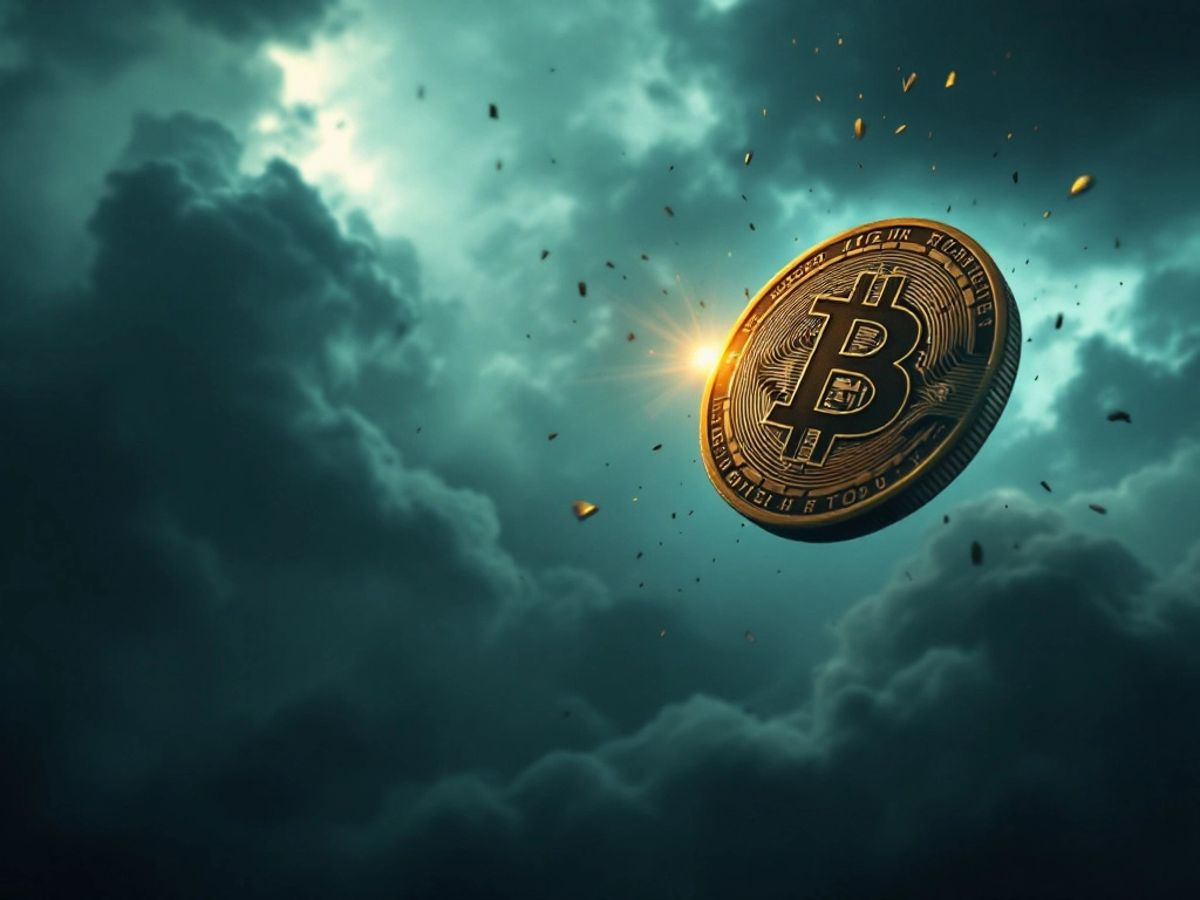 Bitcoin coin falling under dark stormy clouds.