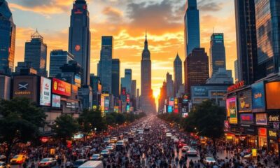 {"original_document": "City skyline at sunset with bustling streets and skyscrapers."}