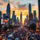 {"original_document": "City skyline at sunset with bustling streets and skyscrapers."}